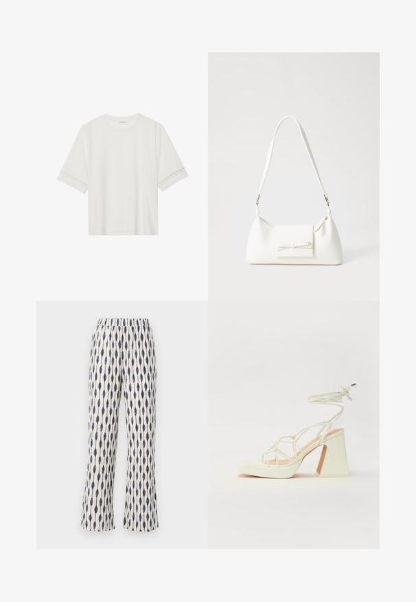 Tricou alb cu mânecă scurtă, confecționat din bumbac, cu dantelă decorativă pe marginea mânecilor și un guler rotund.; Pantaloni cu croi larg, dintr-un material crem, având un model repetitiv în formă de lacrimă de culoare bleumarin. Talie elastică și textură moale pentru un plus de confort.; Sandale albe cu toc înalt și gros, cu un design cu curele și legătură la gleznă. Textură netedă, cu o platformă frontală pentru înălțime suplimentară.; Geantă sintetică albă, cu formă triangulară, capac frontal plat și detaliu cu fundă, curea ajustabilă, textură netedă și design minimalist.