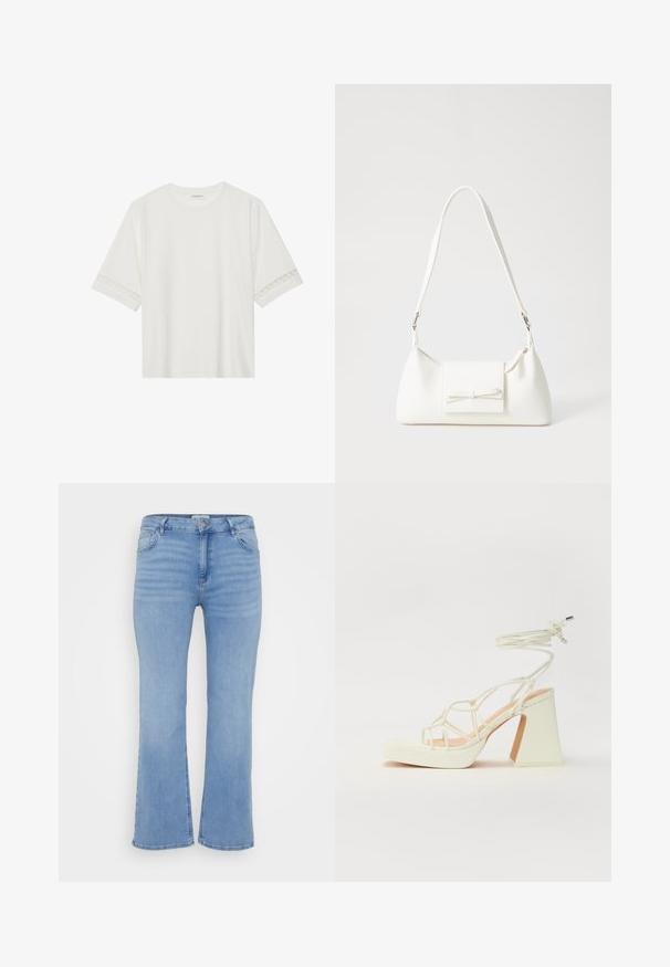 Balta īsām piedurknēm T-kreklu, izgatavotu no kokvilnas, ar dekoratīvu mežģīņu apdari ap piedurknēm un apaļu kakla izgriezumu.; Gaiši zila džinsu auduma zvana stila bikses ar standarta piecu kabatu dizainu, vieglu izbalēšanu un rāvējslēdzēju ar pogu aizdari.; Baltas augstpapēžu sandales ar masīvu papēdi, ar siksnu dizainu un potītes saistītiem elementiem. Gluda tekstūra ar platformu priekšpusē, lai nodrošinātu papildu augstumu.; Balta sintētiska soma ar trīsstūrveida formu, plakanu priekšējo vāciņu un loku detaļu, regulējamu siksnu, gludu tekstūru un minimālistisku dizainu.