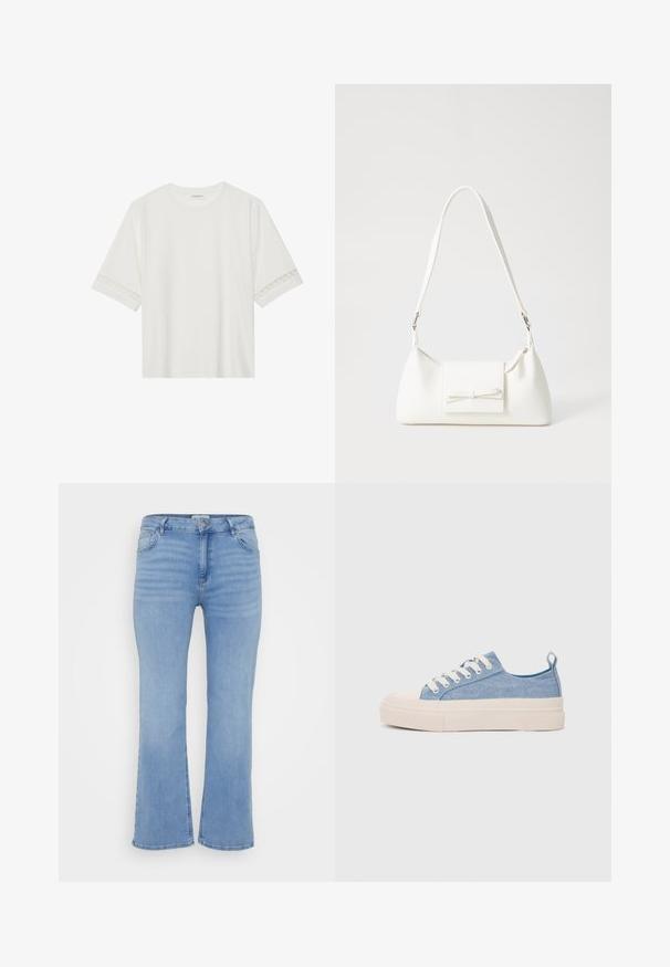 T-shirt branco de manga curta feito de algodão, com bainha de renda decorativa nas mangas e decote redondo.; Jeans de ganga azul-claro com corte flare, apresentando um design clássico de cinco bolsos, desbotamento subtil e fecho zip com botão.; Ténis de lona azul claro com uma biqueira e sola de borracha creme, apresentando atacadores brancos e uma alça na parte de trás.; Mala sintética branca com formato triangular, aba frontal plana e detalhe de laço, alça ajustável, textura suave e design minimalista.