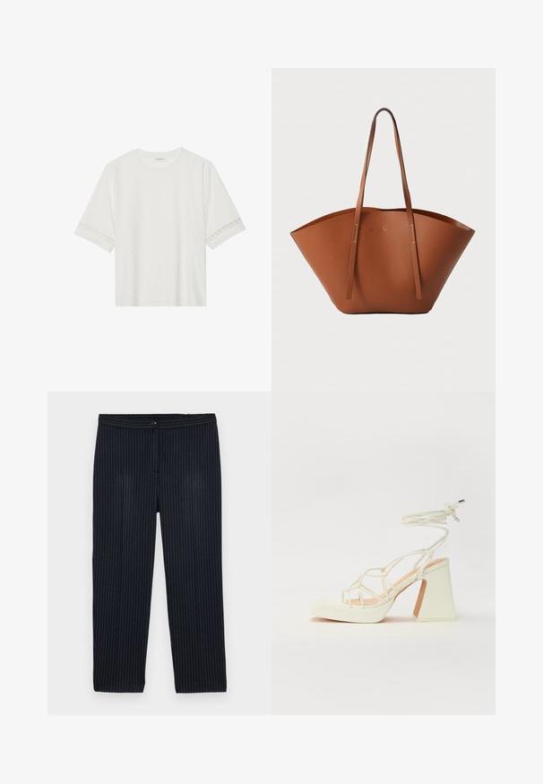 Hvit t-skjorte med kort erme laget av bomull, med dekorativ blondekant langs ermene og en rund halslinning.; Marine-striped bukser laget av stoff med vertikale hvite striper. Har knappelukking og rett ben-design.; Hvit høyhælte sandal med kraftig hæl, med en stroppe-design og ankelbånd. Glatt tekstur med plattform foran for ekstra høyde.; Brun skinn totebag med en bred, strukturert form, tynne håndtak og en teksturert overflate. Har et minimalistisk design uten synlige detaljer.