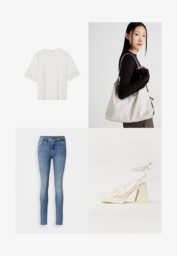 T-shirt branco de manga curta feito de algodão, com bainha de renda decorativa nas mangas e decote redondo.; Jeans de corte skinny em denim azul claro. Apresenta um design de cinco bolsos, detalhes cosidos e um fecho com botão na cintura.; Sandálias brancas de salto alto com um salto robusto, apresentando um design com tiras e amarração no tornozelo. Textura suave com uma plataforma na frente para altura adicional.; Uma bolsa bege feita de material macio, com um design descontraído, detalhes de costura e duas alças para o ombro. Adequada para uso diário.
