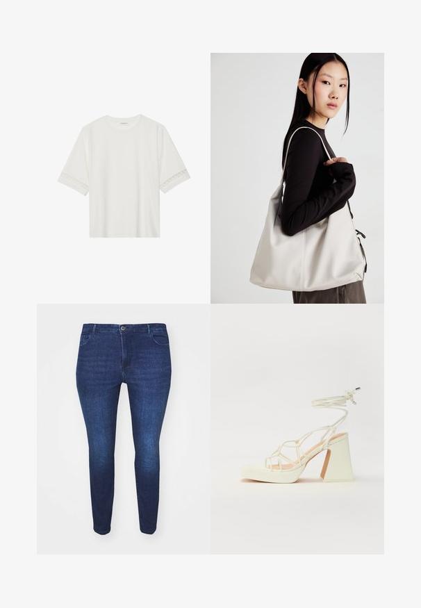 Balta īsām piedurknēm T-kreklu, izgatavotu no kokvilnas, ar dekoratīvu mežģīņu apdari ap piedurknēm un apaļu kakla izgriezumu.; Tumši zilas šauras formas džinsu bikses ar priekšējo pogu un kabatām, redzamas no priekšpuses uz balta fona.; Baltas augstpapēžu sandales ar masīvu papēdi, ar siksnu dizainu un potītes saistītiem elementiem. Gluda tekstūra ar platformu priekšpusē, lai nodrošinātu papildu augstumu.; Bežs rokassoma, izgatavota no mīksta materiāla, ar brīvu dizainu, izšūtu apdari un divām plecu siksnām. Piemērota ikdienas lietošanai.