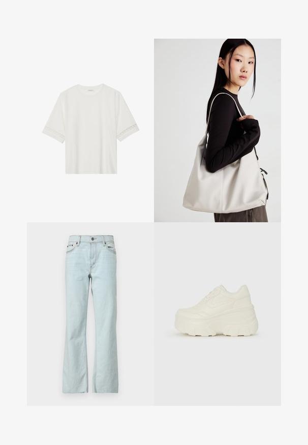 Tricou alb cu mânecă scurtă, confecționat din bumbac, cu dantelă decorativă pe marginea mânecilor și un guler rotund.; Jeans din denim albastru deschis, cu un croi evazat, închidere cu buton, design cu cinci buzunare și decolorări subtile pe material. Accente de cusături curate și minimaliste.; Adidași platformă albi, cu un superior neted asemănător cu pielea, formă rotunjită, guler căptușit și talpă din cauciuc texturată cu borduri bine definite.; Geantă bej din material moale, cu un design lejer, detalii cusute și două bretele pentru umăr. Potrivită pentru utilizarea zilnică.