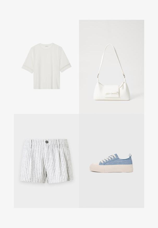 T-shirt branco de manga curta feito de algodão, com bainha de renda decorativa nas mangas e decote redondo.; Calções listrados em cinza claro e branco, com fecho de botão, pregas na parte da frente e um tecido suave e texturizado.; Ténis de lona azul claro com uma biqueira e sola de borracha creme, apresentando atacadores brancos e uma alça na parte de trás.; Mala sintética branca com formato triangular, aba frontal plana e detalhe de laço, alça ajustável, textura suave e design minimalista.