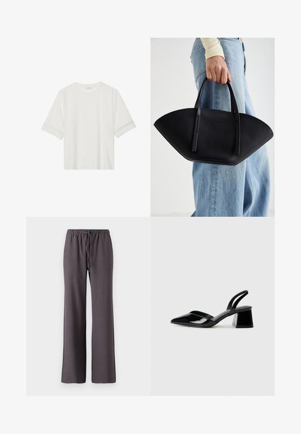 Fehér, rövid ujjas póló, pamutból készült, díszes csipkés szegéllyel az ujjak mentén és kerek nyakkivágással.; Sötétszürke, egyenes szabású nadrág, gumis derékkal és elöl zsinórral, fehér háttéren bemutatva.; Fekete lakk bőr szandálkés magas sarkú cipő, hegyes orral és geometrikus tömbsarkakkal. Karcsú, minimalista dizájn és sima textúra jellemzi.; Fekete bőr kézitáska egyedi legyezőformával, lapos füllel. A felülete kőriszerű textúrájú és minimalista dizájnnal rendelkezik.