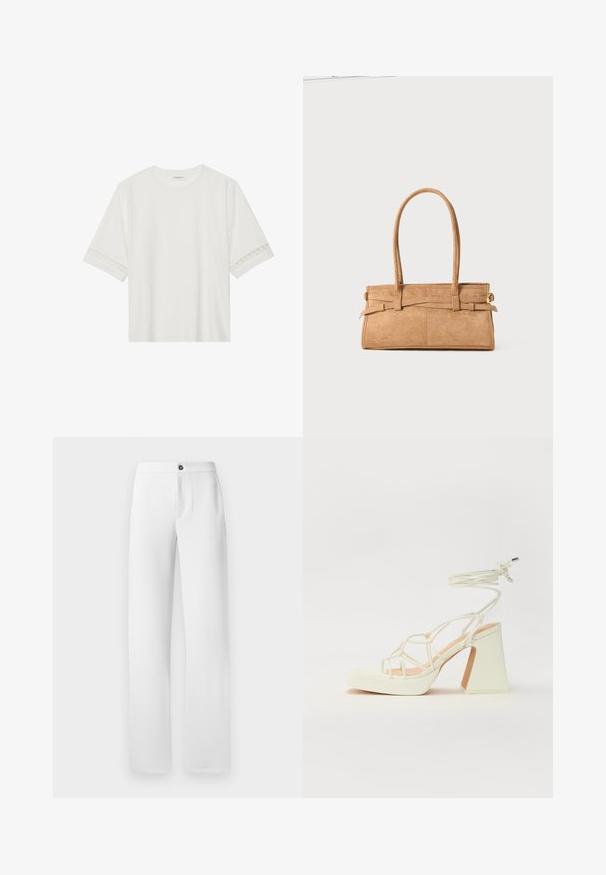 Valge lühikese varrukaga T-särk, mis on valmistatud puuvillast, kaunistatud pitsiga varrukate ääres ja ümmarguse kaelusega.; Valged püksid, mis on valmistatud siledast kangast, sirge jala lõikega, ühe nööbiga kinnitusega ja küljetaskutega. Lihtne ja puhas viimistlus.; Valged kõrge kontsaga sandaalid, millel on paks konts ja rihmadega disain koos pahkluu sidumisega. Sile tekstuur ja platvorm ees, et lisada kõrgust.; Karamelli suède käekott, millel on kaks pikka sangad, ristküliku kuju ja dekoratiivne õmblus. Omab külgrihma ja diskreetseid kuldseid detailide aktsente.