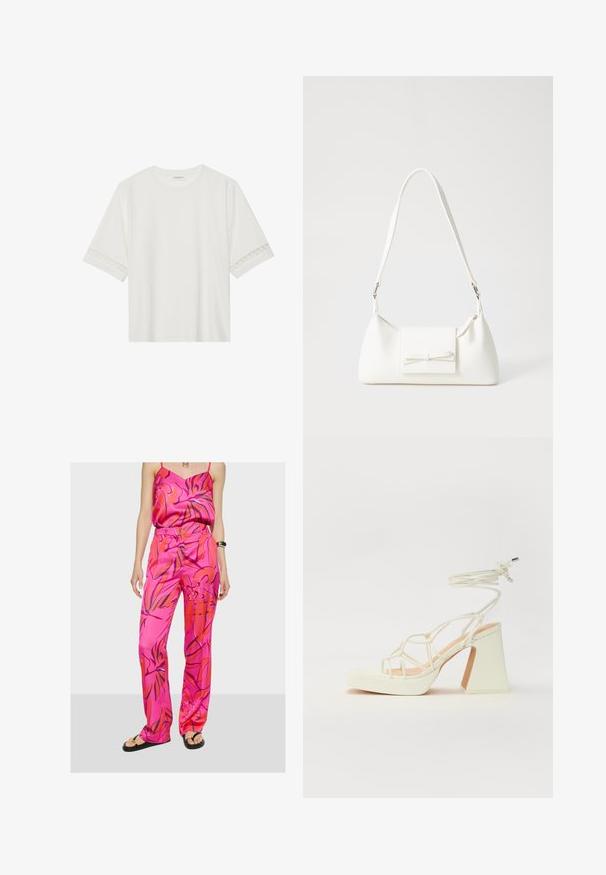 Bílé tričko s krátkým rukávem vyrobené z bavlny, s dekorativní krajkovou aplikací na rukávech a kulatým výstřihem.; Růžový saténový top a odpovídající kalhoty s živým květinovým vzorem v oranžové a modré barvě, s pohodlným střihem a vysokým pasem.; Bílé sandály na vysokém podpatku s robustním podpatkem, s designem s pásky a zavazováním kolem kotníku. Hladký povrch s platformou vpředu pro zvýšení výšky.; Bílá syntetická kabelka v trojúhelníkovém tvaru, s plochým předním klopným víkem a detailem mašle, nastavitelným popruhem, hladkým povrchem a minimalistickým designem.
