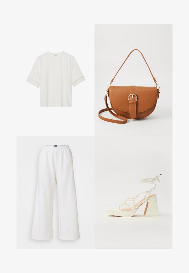Fehér, rövid ujjas póló, pamutból készült, díszes csipkés szegéllyel az ujjak mentén és kerek nyakkivágással.; GAP SEAM WIDE LEG - Nadrágok - new off white; Fehér, magassarkú szandál vastag sarokkal, pántos dizájnnal és bokapánttal. Sima textúra, elülső platformmal a megnövelt magasság érdekében.; Barna bőr keresztbody táska ívelt formával, aranyszínű fémrészekkel és csat díszítéssel. Levehető vállpánttal rendelkezik.