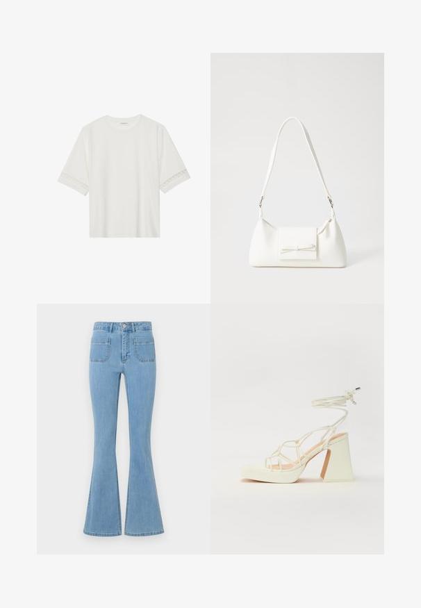 Camiseta blanca de manga corta hecha de algodón, con un ribete decorativo de encaje en las mangas y un escote redondo.; Jeans acampanados de color azul claro con una cintura alta, cinco bolsillos y una textura de denim suave con costuras decorativas a lo largo de las costuras.; Sandalia de tacón alto blanca con un tacón grueso, que presenta un diseño de tiras y un lazo en el tobillo. Textura suave con una plataforma en la parte delantera para mayor altura.; Bolso sintético blanco con forma triangular, tapa frontal plana y detalle de lazo, correa ajustable, textura suave y diseño minimalista.