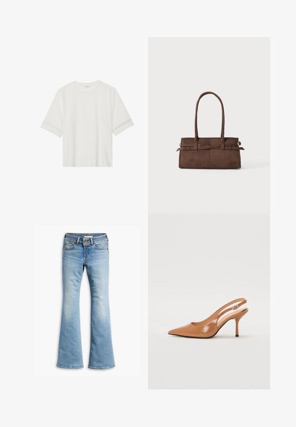 Balta trumpomis rankovėmis marškinėliai, pagaminti iš medvilnės, su dekoratyviais nėriniais aplink rankoves ir apvaliu kaklu.; Šviesiai mėlynos džinsinės kelnės su išplatinta apačia, turinčios mygtuko užsegimą, penkių kišenių dizainą ir šiek tiek išblukusį efektą, suteikiantį dėvėtą išvaizdą.; Pailgų smailiu pirštu slingback kulnas, pagamintas iš lygaus, blizgaus rudos spalvos medžiagos. Yra kreivų išpjovimų dizainas ir lieknas stiletto kulnas. Sidabrinė sagtis.; Rudas zomšinės rankinės su dviem tvirtomis rankenomis, stačiakampio formos ir dekoratyvine juosta per priekinę dalį.