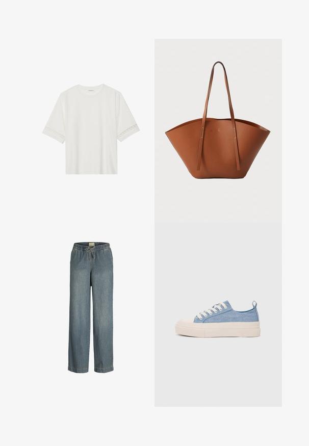 Hvit t-skjorte med kort erme laget av bomull, med dekorativ blondekant langs ermene og en rund halslinning.; Lyseblå denimbukser med bred bendesign, elastisk midjebånd og snøring. Har standard sømmer og ingen synlige lommer.; Lys blå canvastøfler med en kremfarget gummitupp og yttersåle, med hvite snørebånd og en løfteløkke på hælen.; Brun skinn totebag med en bred, strukturert form, tynne håndtak og en teksturert overflate. Har et minimalistisk design uten synlige detaljer.