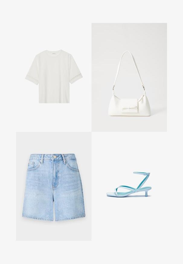 Balta īsām piedurknēm T-kreklu, izgatavotu no kokvilnas, ar dekoratīvu mežģīņu apdari ap piedurknēm un apaļu kakla izgriezumu.; Gai zilā džinsa šorti ar brīvu piegriezumu, ar spīdošām detaļām un klasiska piecu kabatu dizainu. Malas ir neapstrādātas un nedaudz saplēstas.; Gaiši zila sandale ar siksnām, kvadrātveida purngalu, zemu papēdi, regulējamu potītes siksnu un gludu, spīdīgu apdari. Siksnas krustojumā uz zolītes.; Balta sintētiska soma ar trīsstūrveida formu, plakanu priekšējo vāciņu un loku detaļu, regulējamu siksnu, gludu tekstūru un minimālistisku dizainu.