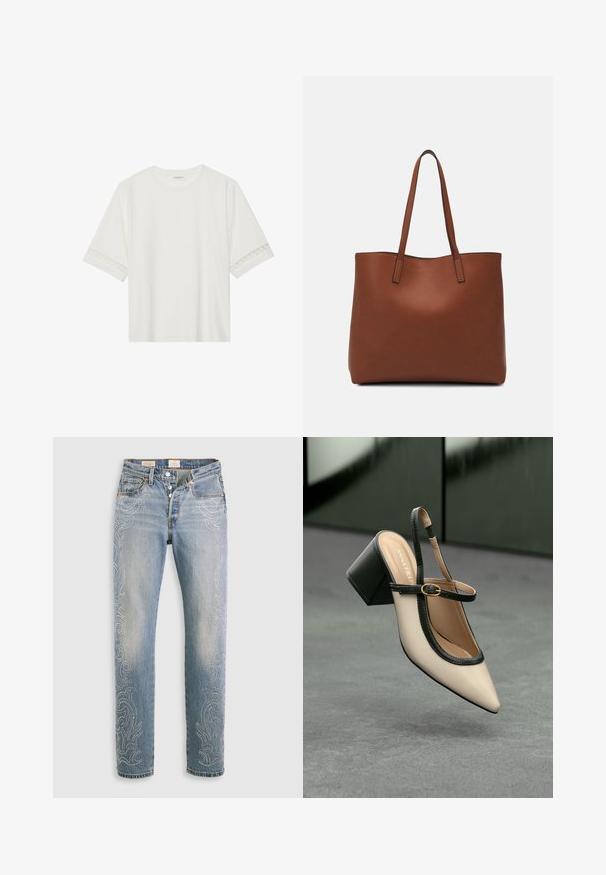 Tricou alb cu mânecă scurtă, confecționat din bumbac, cu dantelă decorativă pe marginea mânecilor și un guler rotund.; Jeans din denim de un albastru deschis, cu talie înaltă, picior drept și modele decorative cu mărgele pe cusăturile exterioare. Design cu cinci buzunare și sistem de închidere cu nasture.; Pantof divers în nuanță bej, cu vârf ascuțit, curea de susținere în spate, cu margine neagră, cataramă aurie și toc gros pe un podea gri, cu un fundal verde închis.; Geantă de umăr din piele maro cu o textură netedă, design cu vârf deschis și două curele pentru umăr. Prezintă cusături minime și fără componente metalice vizibile.