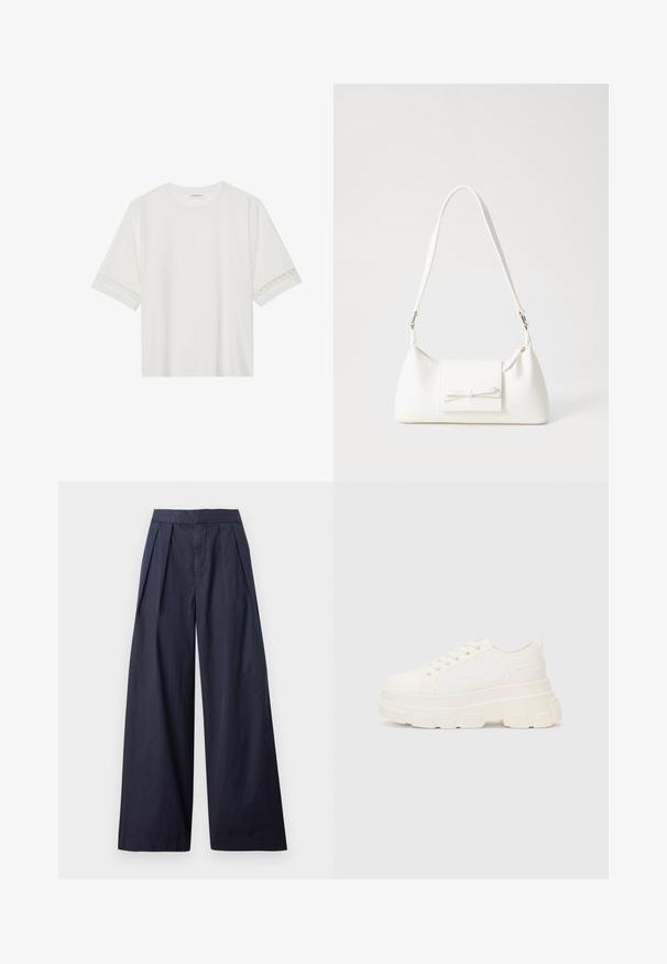 Bjela majica kratkih rukava od pamuka, s dekorativnom čipkastom obrubom duž rukava i okruglim izrezom.; Mornarice s širokim nogavicama i nabranim prednjim dijelom s ušivenim pojasom. Napravljene od glatkog, laganog materijala, s ravnim krojem i bez vidljivih metalnih dijelova.; Bijela platnena tenisica s debelim potplatom, zaobljenim vrhom i pet rupica za vezice. Stražnji tab za jednostavno obuvanje. Glatka tekstura, minimalistički dizajn.; Bijela sintetička torbica s trokutastim oblikom, ravnim prednjim poklopcem i detaljem u obliku mašne, podesivom remenom, glatkom teksturom i minimalističkim dizajnom.