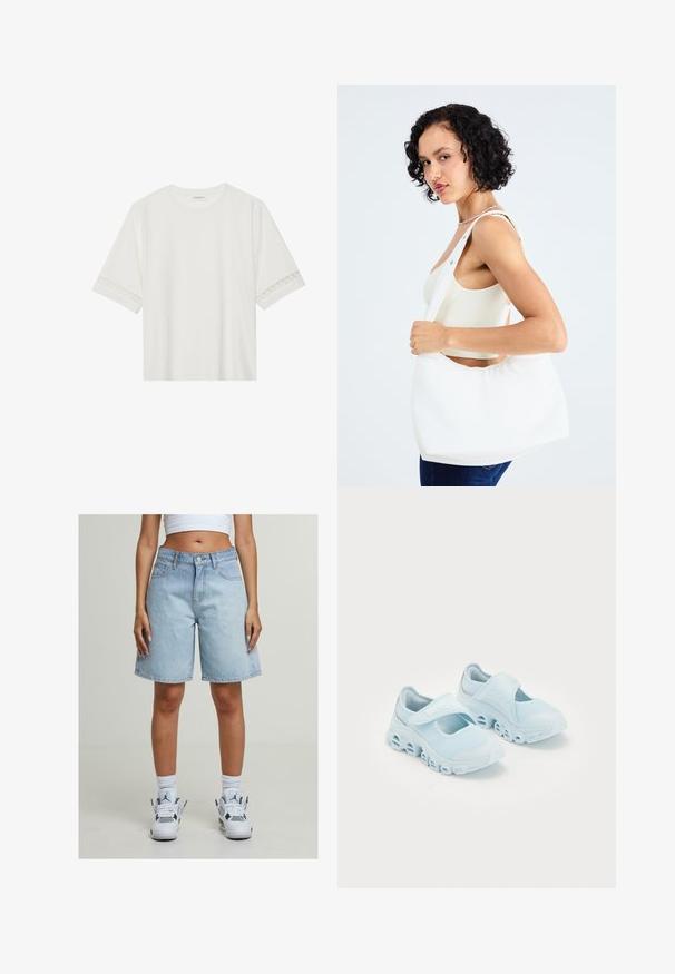 Hvit t-skjorte med kort erme laget av bomull, med dekorativ blondekant langs ermene og en rund halslinning.; Lyseblå denimshorts med avslappet passform, som har fem lommer, knappelukking og en kant som ender rett over knærne.; Lyseblå sneakers med mesh-stoff, fremtredende utskjæringer i sålen og et borrelåsbånd over toppen for sikker passform.; Hvit skulderveske laget av glatt materiale, med oval utskjæring og bred stroppdesign. Enkel og moderne uten synlig maskinvare.