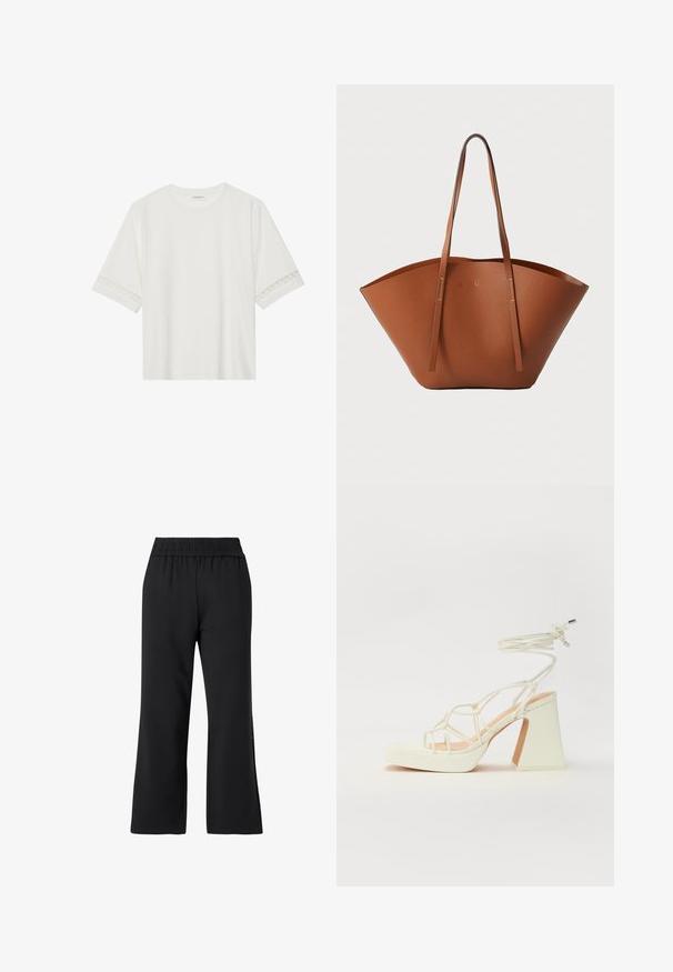 Bela kratka majica s kratkimi rokavi iz bombaža, okrašena z dekorativnim čipkastim robom ob rokavih in okroglo izrezom.; Črne športne hlače z širokim krojem. Narejene iz mehke tkanine, z elastičnim pasom in brez vidnih dodatkov ali vzorcev.; Bela sandala na visokih petah s debelim petam, ki ima obliko trakcev in vezanje okoli gležnja. Gladka tekstura z platformo spredaj za dodatno višino.; Rjava usnjena torba tote z široko, strukturirano obliko, tankimi ročaji in teksturirano površino. Opremljena je z minimalističnim oblikovanjem brez vidne opreme.