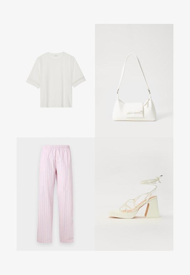 Valge lühikese varrukaga T-särk, mis on valmistatud puuvillast, kaunistatud pitsiga varrukate ääres ja ümmarguse kaelusega.; Heledad roosa püksid, millel on vertikaalsed sinised triibud, valmistatud siledast kangast, elastse vöökoha ja laia jala disainiga.; Valged kõrge kontsaga sandaalid, millel on paks konts ja rihmadega disain koos pahkluu sidumisega. Sile tekstuur ja platvorm ees, et lisada kõrgust.; Valge sünteetilisest materjalist kott kolmnurkse kujuga, lame esiklapiga ja kaaredetailiga, reguleeritava rihmaga, sileda tekstuuriga ja minimalistliku disainiga.