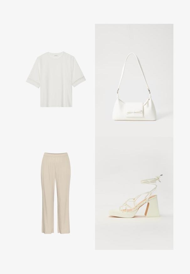 T-shirt blanc à manches courtes en coton, avec des bordures en dentelle décoratives le long des manches et un col rond.; Pantalons larges en beige, légers, fabriqués dans un tissu texturé avec une taille élastique et sans fermetures visibles.; Sandale blanche à talons hauts avec un talon épais, présentant un design à lanières et un lien autour de la cheville. Texture lisse avec une plateforme à l'avant pour une hauteur supplémentaire.; Sac à main synthétique blanc en forme triangulaire, avec un rabat avant plat et un détail en nœud, une bandoulière ajustable, une texture lisse et un design minimaliste.