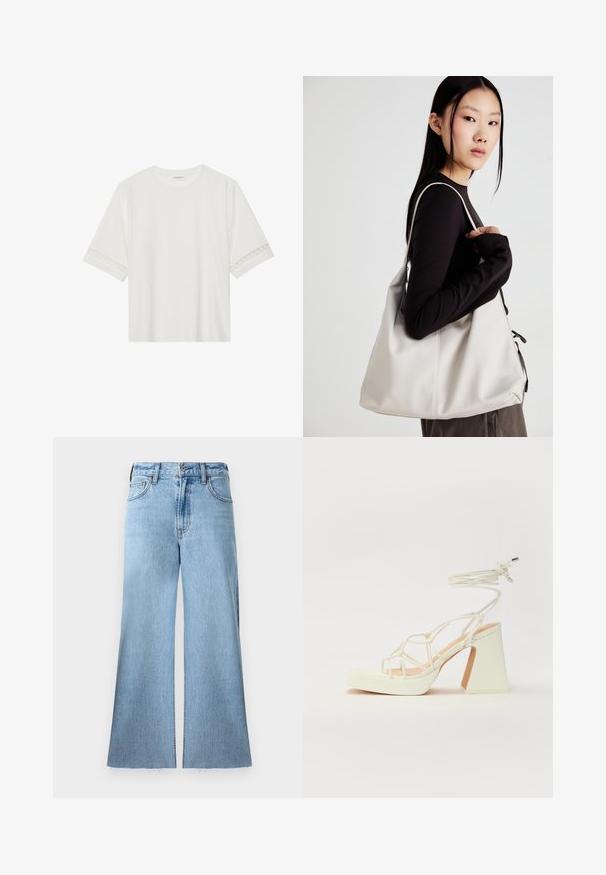 Bela kratka majica s kratkimi rokavi iz bombaža, okrašena z dekorativnim čipkastim robom ob rokavih in okroglo izrezom.; Svijetloplave, široke traperice od denima s teksturiranim završetkom. Imaju srednji pojas i neuređeni rub.; Bela sandala na visokih petah s debelim petam, ki ima obliko trakcev in vezanje okoli gležnja. Gladka tekstura z platformo spredaj za dodatno višino.; Bežna torbica iz mehkega materiala, z ohlapno zasnovo, šivi in dvema naramnicama. Primerna za vsakodnevno uporabo.