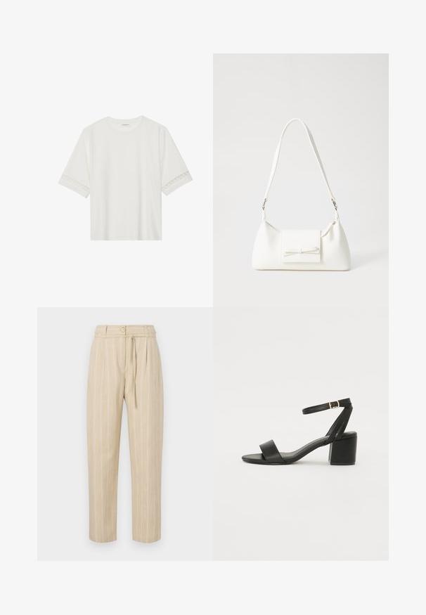 Biele tričko s krátkym rukávom vyrobené z bavlny, s dekoratívnym čipkovým lemovaním pozdĺž rukávov a okrúhlym výstrihom.; Béžové prúžkované nohavice s voľným strihom, s úzkym pásom, zapínaním na gombík a viazacím pásom, vyrobené z ľahkého materiálu.; Čierne sandále na podpätku so hladkým koženým vrchom, otvorenou špičkou, širokými prednými prúžkami a nastaviteľným členkovým popruhom so zlatým prackom.; Biela syntetická kabelka s trojuholníkovým tvarom, plochým predným klapkou a detailom mašle, nastaviteľným popruhom, hladkou textúrou a minimalistickým dizajnom.