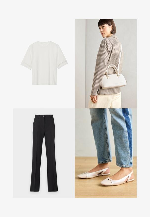 Balta īsām piedurknēm T-kreklu, izgatavotu no kokvilnas, ar dekoratīvu mežģīņu apdari ap piedurknēm un apaļu kakla izgriezumu.; Melnas, pielāgotas bikses ar taisnas kājas dizainu. Iezīmes pogu aizdare, jostas cilpas un gluda, matēta tekstūra.; Bālti rozā siksniņu dzīvokļi ar smailu purngalu, izgatavoti no gludas ādas līdzīgās materiāla. Iezīmē izgriezumu detaļas sānos un platu papēdi.; Balta strukturēta roku soma ar īsām rokturiem un plecu siksnu, ar zelta aparatūras akcentiem un strukturētu materiālu, izstādīta uz pelēka fona.