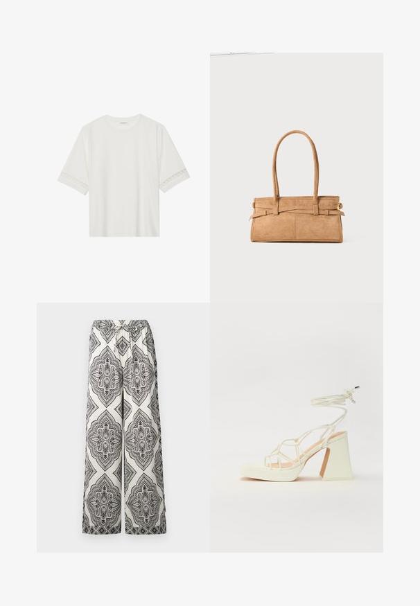 Witte korte mouwen t-shirt van katoen, met een decoratieve kantafwerking langs de mouwen en een ronde halslijn.; Wijdvallende broek in crèmekleur met een zwart, verfijnd diamanten patroon. Voorzien van een elastische tailleband met een strikdetail en een soepele textuur.; Witte hoge hakken sandaal met een chunky hak, met een bandjesontwerp en enkelband. Gladde textuur met een plateau voor extra hoogte.; Tan suède handtas met twee lange hengsels, rechthoekige vorm en decoratieve stiksels. Beschikt over een zijriem en subtiele gouden hardware accenten.