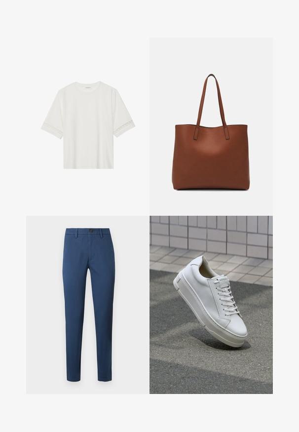 Fehér, rövid ujjas póló, pamutból készült, díszes csipkés szegéllyel az ujjak mentén és kerek nyakkivágással.; Kék pamut chino nadrág, slim fit szabással, gombos záródással, övhurkokkal és hagyományos zsebekkel, sima textúrával és letisztult vonalakkal.; Fehér bőr sportcipő alacsony dizájnnal, lapos fűzőkkel, lekerekített orral és texturált oldalakkal. Vastag gumitalp finom részletekkel.; Barna bőr vászontáska sima textúrával, nyitott tetejű dizájnnal és két vállpánttal. Minimális varrással és látható hardver nélkül készült.