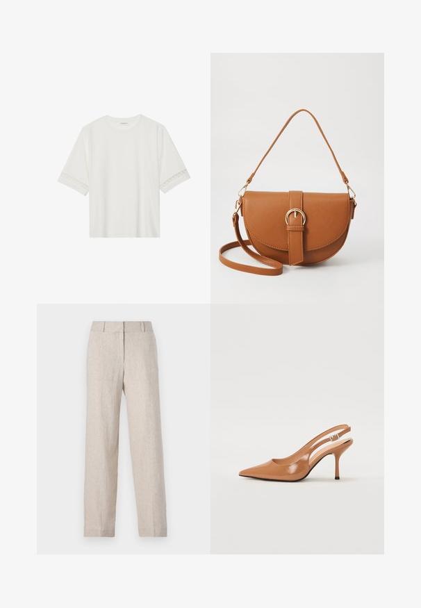 Hvid kortærmet t-shirt lavet af bomuld, med dekorativ blondekant langs ærmerne og en rund halsudskæring.; Beige linnedragter med lige ben, høj talje og subtil tekstur. Ingen synlige lommer eller pynt.; Spids tå slingback hæl i et glat, blankt tan materiale. Har et buet udskæring design og en slank stiletto hæl. Sølv spænde detalje.; Brun læder crossbody taske med en buet form, guldfarvet hardware og en spændeaccent. Har en aftagelig skulderrem.