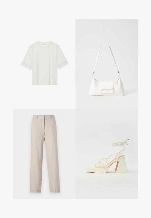 Camiseta blanca de manga corta hecha de algodón, con un ribete decorativo de encaje en las mangas y un escote redondo.; Pantalones de lino beige con un diseño de pierna recta, cintura alta y una textura sutil. Sin bolsillos visibles ni adornos.; Sandalia de tacón alto blanca con un tacón grueso, que presenta un diseño de tiras y un lazo en el tobillo. Textura suave con una plataforma en la parte delantera para mayor altura.; Bolso sintético blanco con forma triangular, tapa frontal plana y detalle de lazo, correa ajustable, textura suave y diseño minimalista.