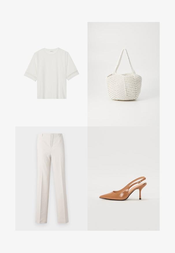 Weißes T-Shirt mit kurzen Ärmeln aus Baumwolle, mit dekorativem Spitzenbesatz entlang der Ärmel und einem runden Ausschnitt.; Beige maßgeschneiderte Hose mit geradem Bein, ausgestattet mit einer glatten Textur, zwei Fronttaschen und ohne sichtbare Hardwaredetails.; Spitz zulaufender Slingback-Absatz aus einem glatten, glänzenden, tanfarbenen Material. Mit einem geschwungenen Ausschnitt-Design und einem schlanken Stiletto-Absatz. Silberne Schnallendetails.; Geflochtener weißer Handtasche mit texturiertem Finish, ausgestattet mit zwei Griffen und einer strukturierten Form, geeignet für den Alltag.
