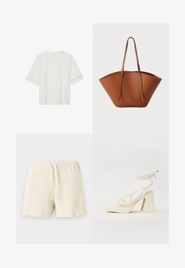 Valkoinen lyhythihainen t-paita, joka on valmistettu puuvillasta ja jossa on koristeellinen pitsireunus hihojen ympärillä sekä pyöreä pääntie.; Lyhyt, kermaisen värinen neulehousut, joissa on ribbikuvio, joustava vyötärö ja naru. Sivussa on pieni korostustagi.; Valkoinen korkokenkä, jossa on paksu korko, ja joka sisältää nauhakiinnityksen ja nilkkaketjun. Sujuva pinta, jossa on platform-etupohja lisäkorkeutta varten.; Ruskea nahkabandi, jossa on leveä, jämäkkä muoto, ohuet kahvat ja teksturoitu pinta. Minimalistinen muotoilu, jossa ei ole näkyvää metalliosaa.