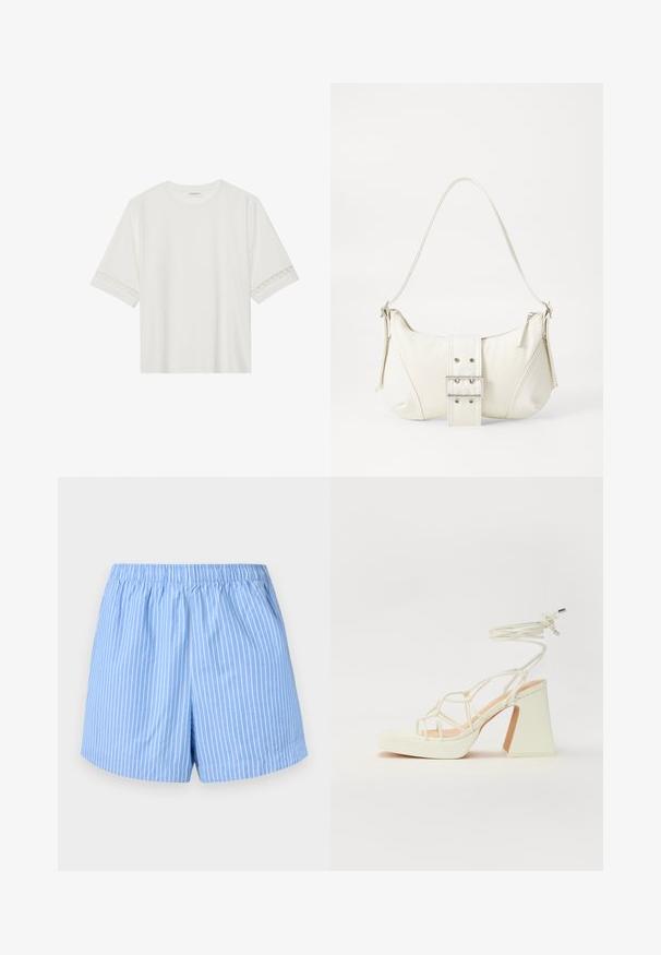 Witte korte mouwen t-shirt van katoen, met een decoratieve kantafwerking langs de mouwen en een ronde halslijn.; Lichtblauwe shorts met witte verticale strepen, elastische tailleband, mid-thigh lengte en een zachte katoenen textuur.; Witte hoge hakken sandaal met een chunky hak, met een bandjesontwerp en enkelband. Gladde textuur met een plateau voor extra hoogte.; Witte schoudertas met een gestructureerde afwerking, een centrale gesp accent, en een gebogen vorm. Ritssluitingen aan beide zijkanten.
