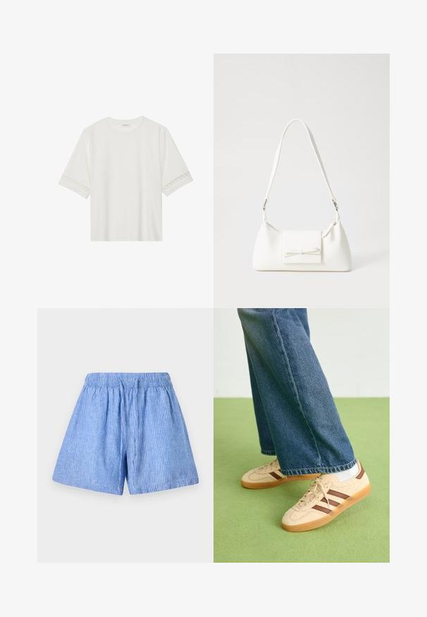 Camiseta blanca de manga corta hecha de algodón, con un ribete decorativo de encaje en las mangas y un escote redondo.; Pantalones cortos de color azul claro fabricados en algodón con rayas blancas verticales. Presentan una cinturilla elástica y un ajuste suelto y relajado.; Zapatillas beige con paneles de crema texturizados y rayas marrones, combinadas con unos jeans de mezclilla azul. Los jeans tienen un corte de pierna ancha y dobladillo deshilachado.; Bolso sintético blanco con forma triangular, tapa frontal plana y detalle de lazo, correa ajustable, textura suave y diseño minimalista.