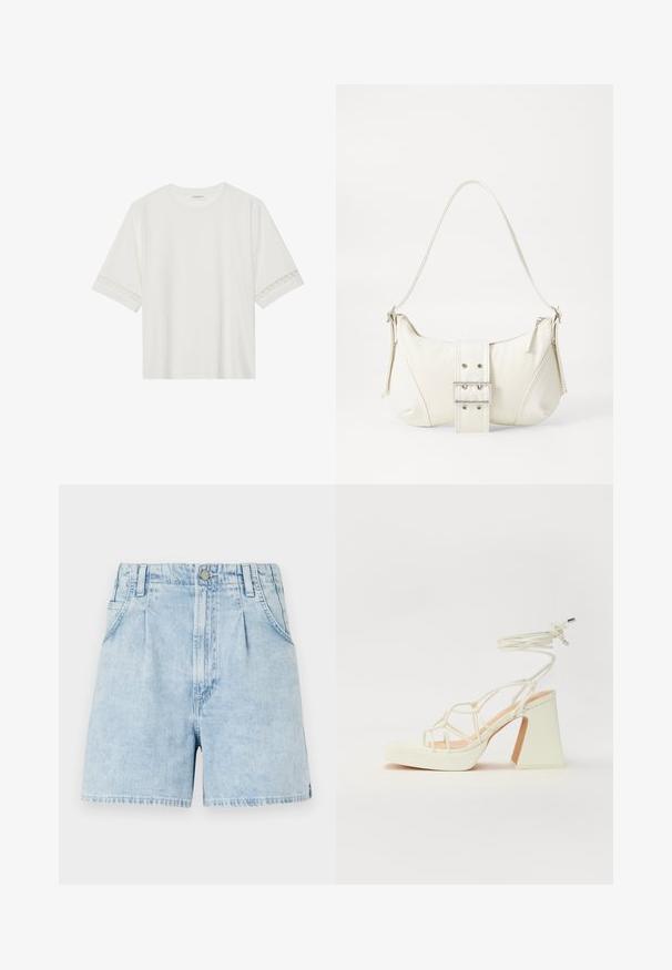 Balta trumpomis rankovėmis marškinėliai, pagaminti iš medvilnės, su dekoratyviais nėriniais aplink rankoves ir apvaliu kaklu.; Šviesiai mėlynos džinsinės šortai su aukštu liemeniu, turintys priekinį raukinį, dvi šonines kišenes ir mygtuko uždarymą. Minkšta, tekstūruota medžiaga.; Balti aukštakulniai sandalai su masyviu kulnu, su dirželių dizainu ir kulkšnies raiščiu. Lygi tekstūra su platforma priekyje, suteikianti papildomą aukštį.; Balta peties rankinė su tekstūruotu paviršiumi, centrinė apykaklė ir išlinkusi forma. Užtrauktukų uždarymai abiejose pusėse.