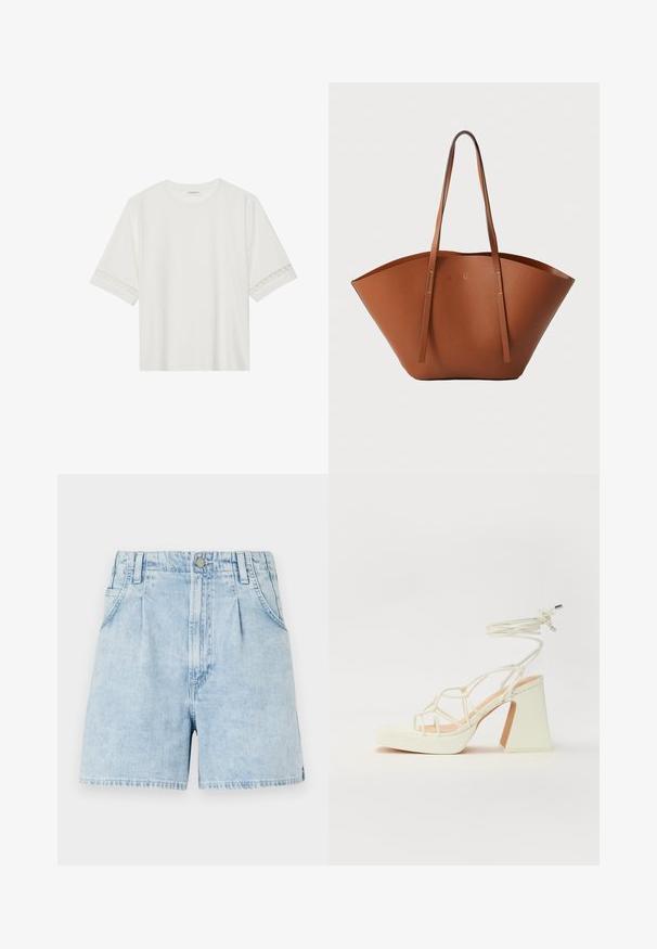 Balta trumpomis rankovėmis marškinėliai, pagaminti iš medvilnės, su dekoratyviais nėriniais aplink rankoves ir apvaliu kaklu.; Šviesiai mėlynos džinsinės šortai su aukštu liemeniu, turintys priekinį raukinį, dvi šonines kišenes ir mygtuko uždarymą. Minkšta, tekstūruota medžiaga.; Balti aukštakulniai sandalai su masyviu kulnu, su dirželių dizainu ir kulkšnies raiščiu. Lygi tekstūra su platforma priekyje, suteikianti papildomą aukštį.; Ruda odinė rankinė su plačia, struktūrizuota forma, plonomis rankenomis ir tekstūruotu paviršiu. Pasižymi minimalistišku dizainu be matomų detalių.