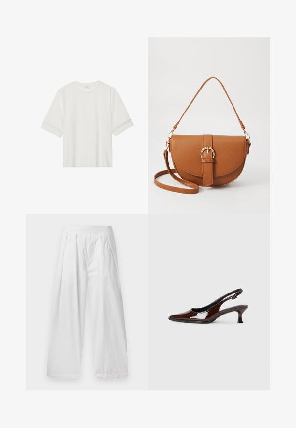 Valge lühikese varrukaga T-särk, mis on valmistatud puuvillast, kaunistatud pitsiga varrukate ääres ja ümmarguse kaelusega.; Valged laiad püksid, mis on valmistatud kergekangast. Omavad lõtvust, voldid ees ja elastne vöökoht.; Pruun patentnahast slingback tossud terava nina ja mõõduka kandega. Omab pandla rihma kindla istuvuse tagamiseks. Sile tekstuur.; Pruun nahast õlakott, millel on kumer kuju, kullavärvi riistvara ja pandlaga kaunistus. Omab eemaldatavat õlarihma.