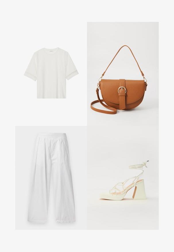 White short-sleeve t-shirt made from cotton, featuring decorative lace trim along the sleeves and a round neckline.; White wide-leg trousers made from a lightweight fabric. Features a loose fit, pleats at the front, and an elastic waistband.; White high-heeled sandal with a chunky heel, featuring a strappy design and ankle tie. Smooth texture with a platform front for added height.; Brown leather crossbody bag with a curved shape, gold hardware, and a buckle accent. Features a detachable shoulder strap.