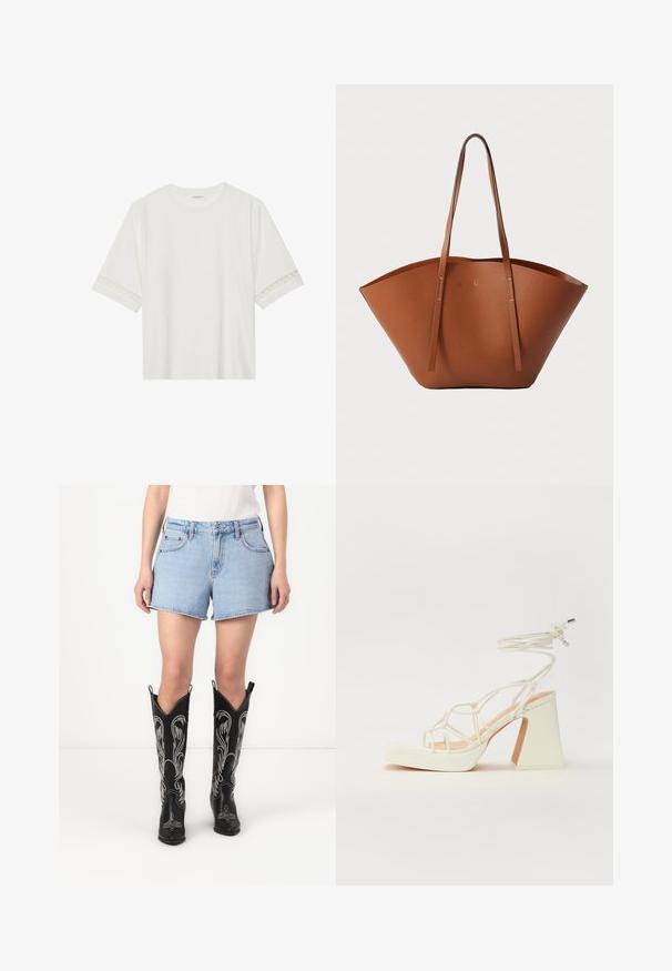 Weißes T-Shirt mit kurzen Ärmeln aus Baumwolle, mit dekorativem Spitzenbesatz entlang der Ärmel und einem runden Ausschnitt.; Blaue Denim-Shorts mit klassischem Schnitt, kombiniert mit schwarzen Leder-Cowboy-Boots, die mit weißen bestickten Mustern und spitzen Zehen verziert sind.; Weiße High-Heel-Sandale mit einem klobigen Absatz, die über ein Riemchendesign und ein Knöchelband verfügt. Glatte Textur mit einer Plattform vorne für zusätzliche Höhe.; Braune Leder-Tote mit einer breiten, strukturierten Form, dünnen Griffen und einer strukturierten Oberfläche. Bietet ein minimalistisches Design ohne sichtbare Beschläge.