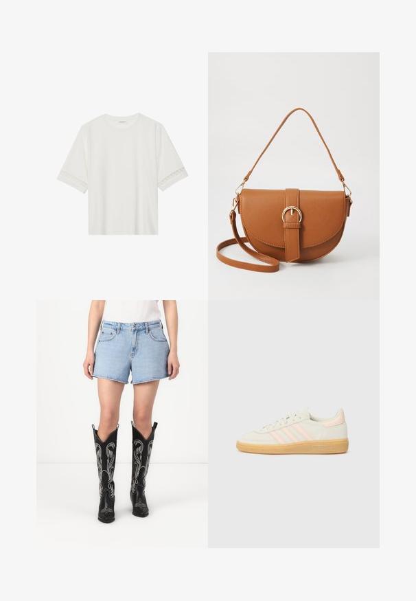 Valge lühikese varrukaga T-särk, mis on valmistatud puuvillast, kaunistatud pitsiga varrukate ääres ja ümmarguse kaelusega.; Sinine denim lühike püksid klassikalise lõikega, koos mustade nahast cowboy saappastega, millel on valged tikitud mustrid ja teravad varbad.; Nahkkingad, millel on kreemivärvi pealne, helesinised kolm triipu ja kummist tald. Paeltega disain koos õmmeldud detailide ja brändimisega.; Pruun nahast õlakott, millel on kumer kuju, kullavärvi riistvara ja pandlaga kaunistus. Omab eemaldatavat õlarihma.