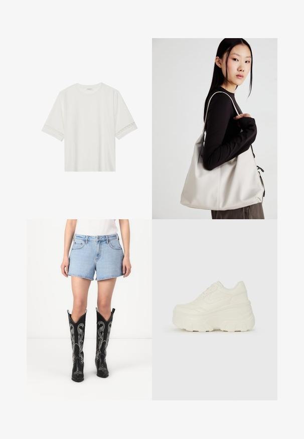 T-shirt bianco a maniche corte in cotone, con bordi in pizzo decorativi lungo le maniche e scollo rotondo.; Shorts di jeans blu con un taglio classico, abbinati a stivali da cowboy in pelle nera con motivi ricamati bianchi e punte affusolate.; Sneakers bianchi con piattaforma, caratterizzati da una parte superiore simile alla pelle liscia, forma arrotondata, collo imbottito e suola in gomma testurizzata con scanalature ben definite.; Borsa a mano beige realizzata in materiale morbido, caratterizzata da un design morbido, dettagli cuciti e due manici. Adatta per l'uso quotidiano.