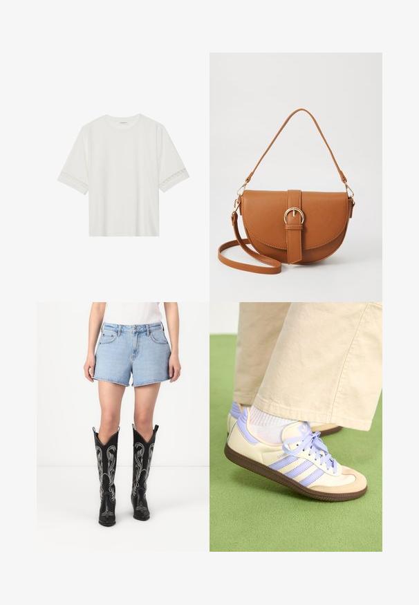 Camiseta blanca de manga corta hecha de algodón, con un ribete decorativo de encaje en las mangas y un escote redondo.; Pantalones cortos de mezclilla azul con un corte clásico, combinados con botas de vaquero de cuero negro con patrones bordados en blanco y puntas afiladas.; Zapatillas de crema y lavanda con tres rayas y una suela marrón texturizada, que cuentan con cordones y un talón acolchado. Parte superior de tela suave.; Bolso bandolera de cuero marrón con forma curvada, herrajes dorados y un acento de hebilla. Incluye una correa de hombro desmontable.