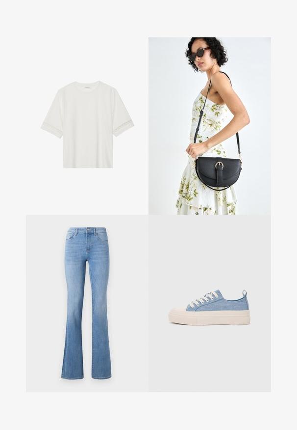 Witte korte mouwen t-shirt van katoen, met een decoratieve kantafwerking langs de mouwen en een ronde halslijn.; Lichtblauwe flare jeans met een halfhoge taille, klassieke vijf-pocket stijl en subtiele vervaging langs de benen. Denim stofstructuur.; Lichtblauwe canvas sneakers met een crème rubberen neuskap en zool, voorzien van witte veters en een trekstrip op de hiel.; Zwarte leren handtas met een gebogen vorm, afneembare schouderband en gouden hardware. De tas heeft een klep met een gespsluiting.