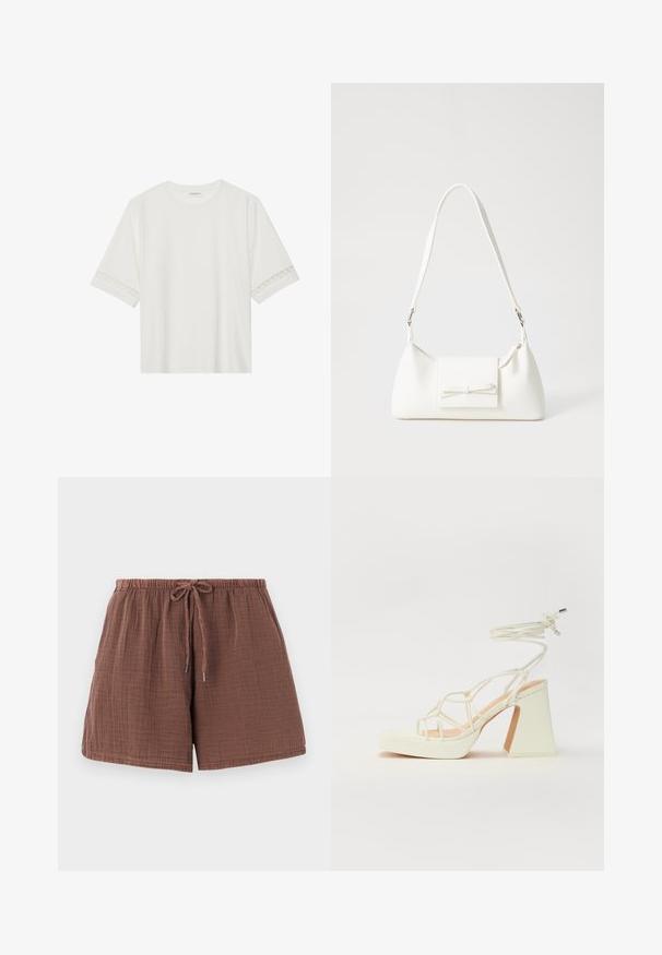 Balta īsām piedurknēm T-kreklu, izgatavotu no kokvilnas, ar dekoratīvu mežģīņu apdari ap piedurknēm un apaļu kakla izgriezumu.; Brūni kokvilnas šorti ar teksturētu, saburzītu apdari, elastīgu jostu un auklu. Vidējā augšstilbu garumā ar brīvu piegriezumu.; Baltas augstpapēžu sandales ar masīvu papēdi, ar siksnu dizainu un potītes saistītiem elementiem. Gluda tekstūra ar platformu priekšpusē, lai nodrošinātu papildu augstumu.; Balta sintētiska soma ar trīsstūrveida formu, plakanu priekšējo vāciņu un loku detaļu, regulējamu siksnu, gludu tekstūru un minimālistisku dizainu.