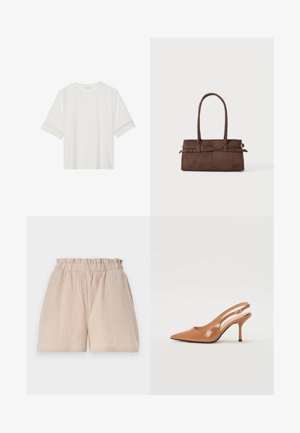 Balta trumpomis rankovėmis marškinėliai, pagaminti iš medvilnės, su dekoratyviais nėriniais aplink rankoves ir apvaliu kaklu.; Šviesiai smėlinės spalvos šortai su susiraukšlėjusia tekstūra ir elastinga juosta. Dizainas pasižymi laisvu pritaikymu ir neturi papildomų detalių ar raštų.; Pailgų smailiu pirštu slingback kulnas, pagamintas iš lygaus, blizgaus rudos spalvos medžiagos. Yra kreivų išpjovimų dizainas ir lieknas stiletto kulnas. Sidabrinė sagtis.; Rudas zomšinės rankinės su dviem tvirtomis rankenomis, stačiakampio formos ir dekoratyvine juosta per priekinę dalį.