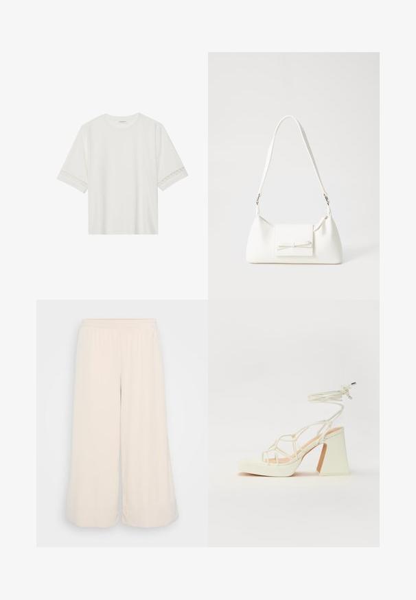 Bela kratka majica s kratkimi rokavi iz bombaža, okrašena z dekorativnim čipkastim robom ob rokavih in okroglo izrezom.; Svetlo bež široke hlače iz mehkega, teksturiranega materiala. Elastičen pas z urejenim robom. Enostaven dizajn brez žepov.; Bela sandala na visokih petah s debelim petam, ki ima obliko trakcev in vezanje okoli gležnja. Gladka tekstura z platformo spredaj za dodatno višino.; Bela sintetična torbica v obliki trikotnika, z ravnim sprednjim poklopcem in detajlom mašne, nastavljivim trakom, gladko teksturo in minimalističnim dizajnom.