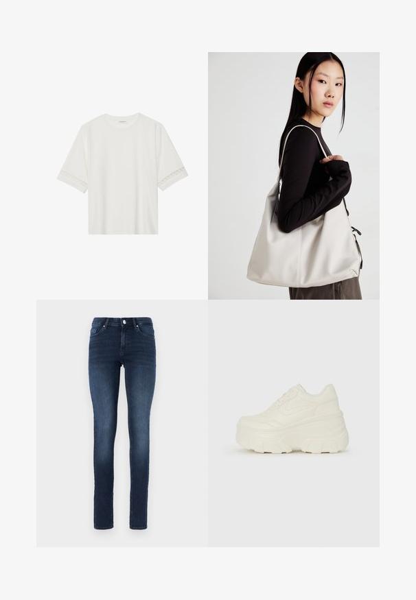 Fehér, rövid ujjas póló, pamutból készült, díszes csipkés szegéllyel az ujjak mentén és kerek nyakkivágással.; Sötétkék, skinny farmernadrág, klasszikus öt zsebes dizájnnal, gombos záródással és enyhe kopással a combokon.; Fehér platform sportcipők, sima bőrszerű felsőrésszel, kerek formával, párnázott bokával és texturált gumitalppal, jól definiált mintázattal.; Puha anyagból készült bézs kézitáska, laza dizájnnal, varrott részletekkel és két vállpánttal. Mindennapi használatra alkalmas.