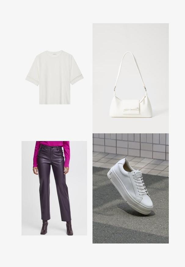 Weißes T-Shirt mit kurzen Ärmeln aus Baumwolle, mit dekorativem Spitzenbesatz entlang der Ärmel und einem runden Ausschnitt.; Lila Kunstleder-Hosen mit hoher Taille, glatter Textur, geradem Bein-Design und vorderen Taschen. Kombiniert mit einem pinken Langarmoberteil.; Weiße Leder-Sneaker mit einem Low-Top-Design, flachen Schnürsenkeln, runder Zehenform und strukturierten Seiten. Dicke Gummisohle mit dezenten Akzenten.; Weiße synthetische Handtasche in dreieckiger Form, flache Vorderklappe und Schleifendetail, verstellbarer Trageriemen, glatte Textur und minimalistisches Design.