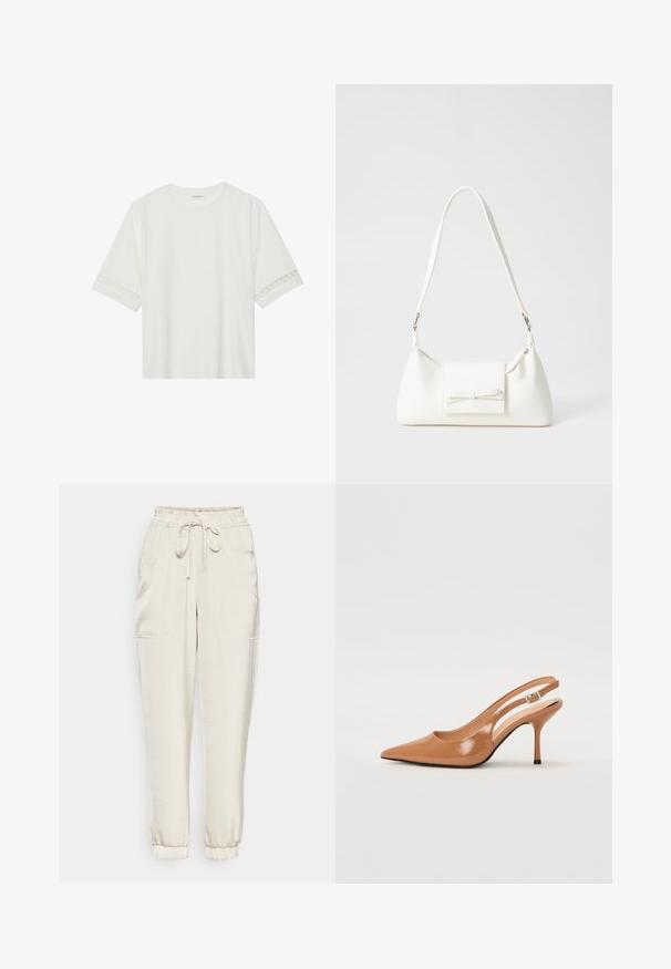 Fehér, rövid ujjas póló, pamutból készült, díszes csipkés szegéllyel az ujjak mentén és kerek nyakkivágással.; Világos bézs színű, puha anyagból készült joggers nadrág, elasztikus derékkal, zsinórral és két oldalsó zsebbel. Bokánál passzéval ellátva.; Fingerszűk, hegyes orrú, háttámlás sarokcipő sima, fényes barnás anyagból. Íves kivágású dizájn és karcsú stiletto sarkú. Ezüst csattal ellátva.; Fehér szintetikus kézitáska, háromszög alakú, lapos előlap, masni részlettel, állítható pánttal, sima textúrával és minimalista dizájnnal.