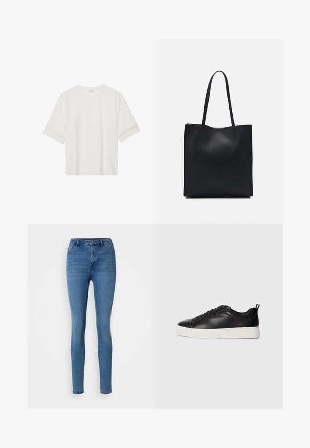 Balta trumpomis rankovėmis marškinėliai, pagaminti iš medvilnės, su dekoratyviais nėriniais aplink rankoves ir apvaliu kaklu.; Lieknos mėlynės džinsai, pagaminti iš džinsinio audinio, su klasikinio penkių kišenių dizainu, mygtuko uždarymu ir šiek tiek blukimo, suteikiančio tekstūros variaciją.; Juodi odiniai žemos sportinės bateliai su juodomis raištelėmis ir storu baltu guminio pado, matomi iš išorės ant balto fono.; Juodas odinis tote krepšys su lygia tekstūra, stačiakampio formos ir dviem ilgais rankenomis. Matomų metalinių detalių ar puošybos nėra.