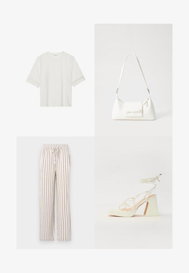 Bílé tričko s krátkým rukávem vyrobené z bavlny, s dekorativní krajkovou aplikací na rukávech a kulatým výstřihem.; Lněné kalhoty s vertikálními námořnickými pruhy, elastickým pasem a detaily na šňůrku. Volný střih, rovné nohavice a měkká textura.; Bílé sandály na vysokém podpatku s robustním podpatkem, s designem s pásky a zavazováním kolem kotníku. Hladký povrch s platformou vpředu pro zvýšení výšky.; Bílá syntetická kabelka v trojúhelníkovém tvaru, s plochým předním klopným víkem a detailem mašle, nastavitelným popruhem, hladkým povrchem a minimalistickým designem.